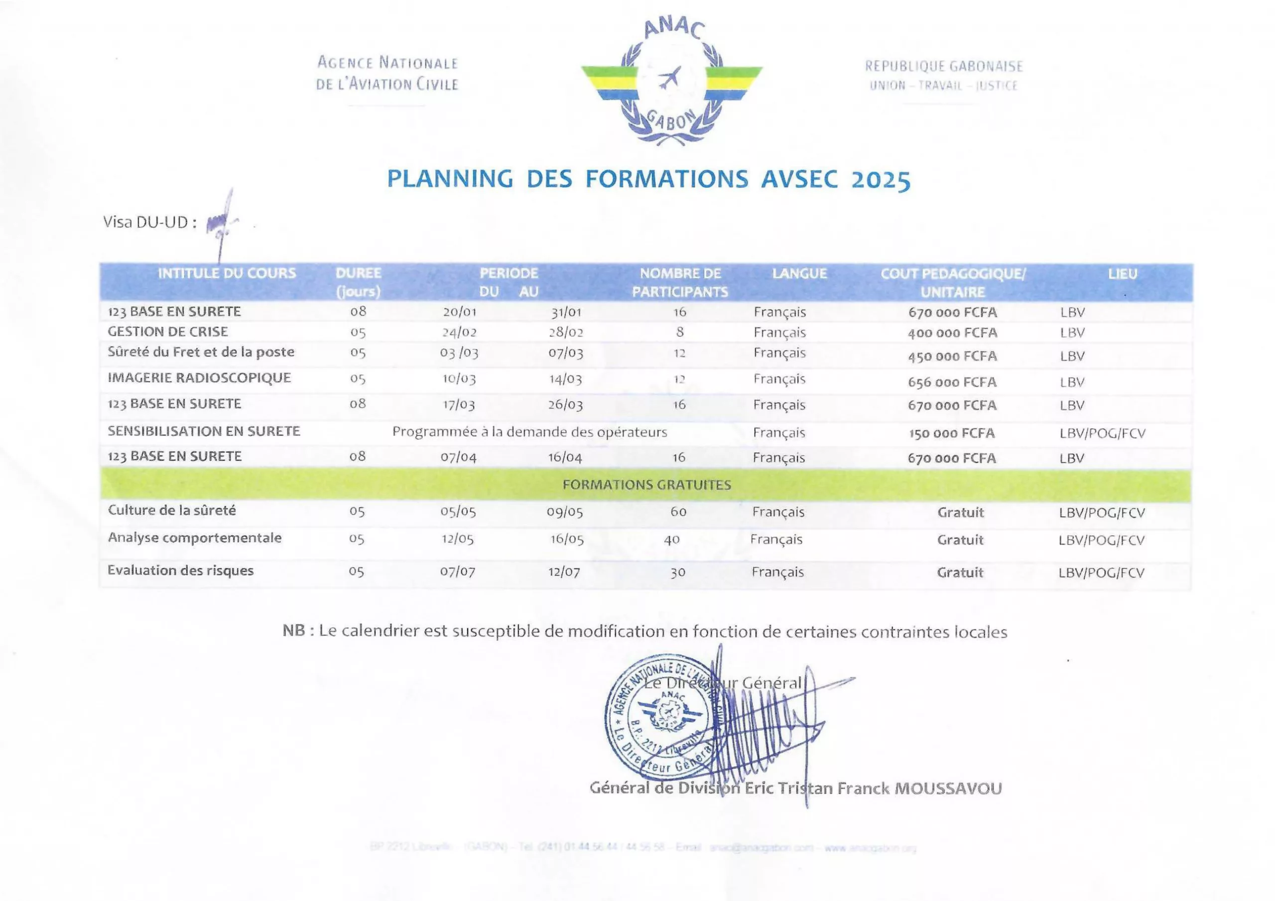 ANAC programe de formation AVSEC 2025