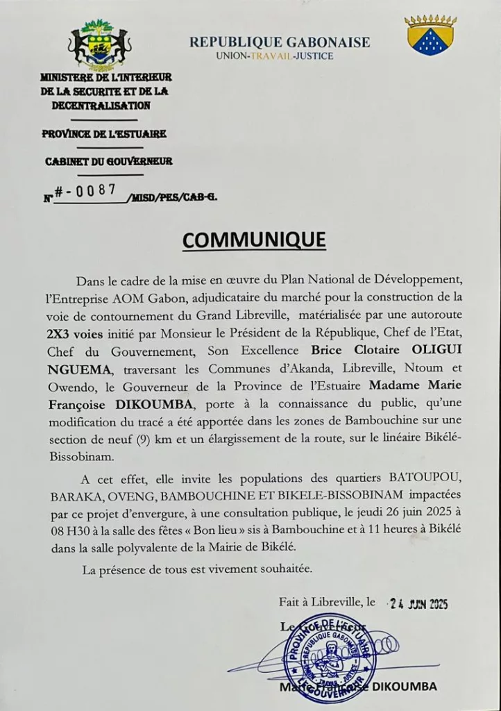 [Gabon : Autoroute de contournement] Modification du tracé, les habitants impactés appelés à se prononcer