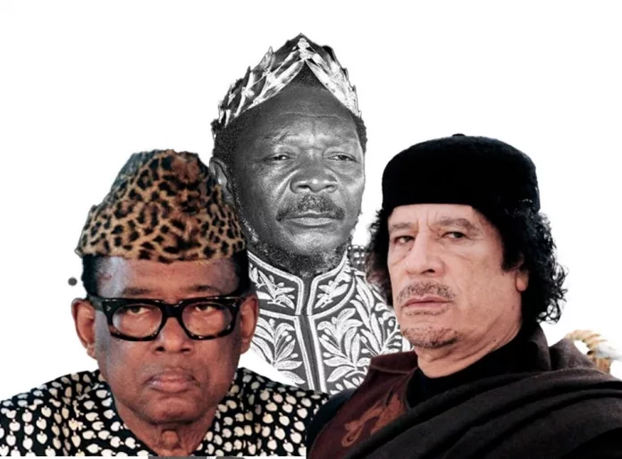 Mobutu Sese Seko, Jean-Bedel Bokassa et Mouammar Khadafi, anciens dirigeants africains.