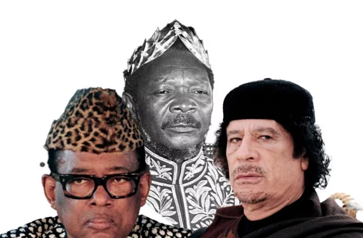 Mobutu Sese Seko, Jean-Bedel Bokassa et Mouammar Khadafi, anciens dirigeants africains.