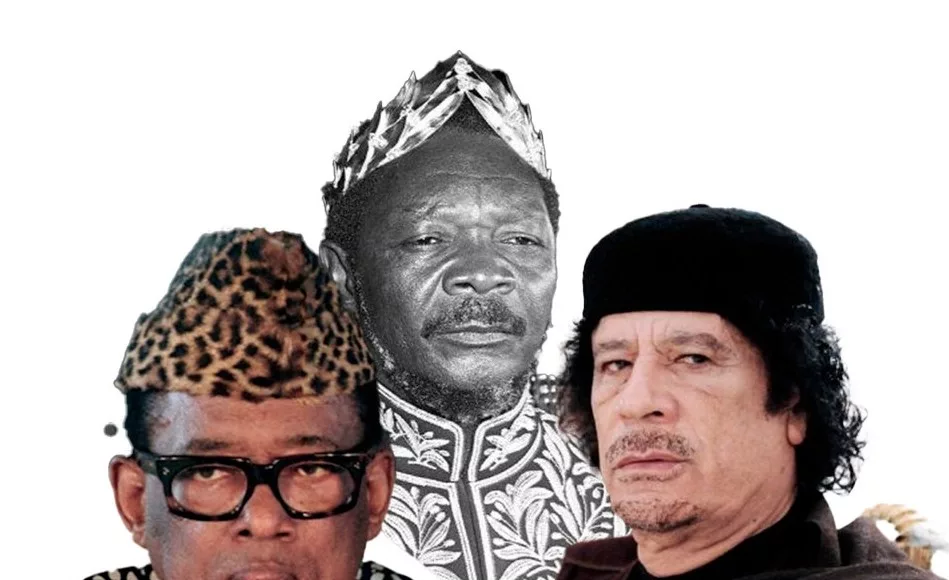Mobutu Sese Seko, Jean-Bedel Bokassa et Mouammar Khadafi, anciens dirigeants africains.