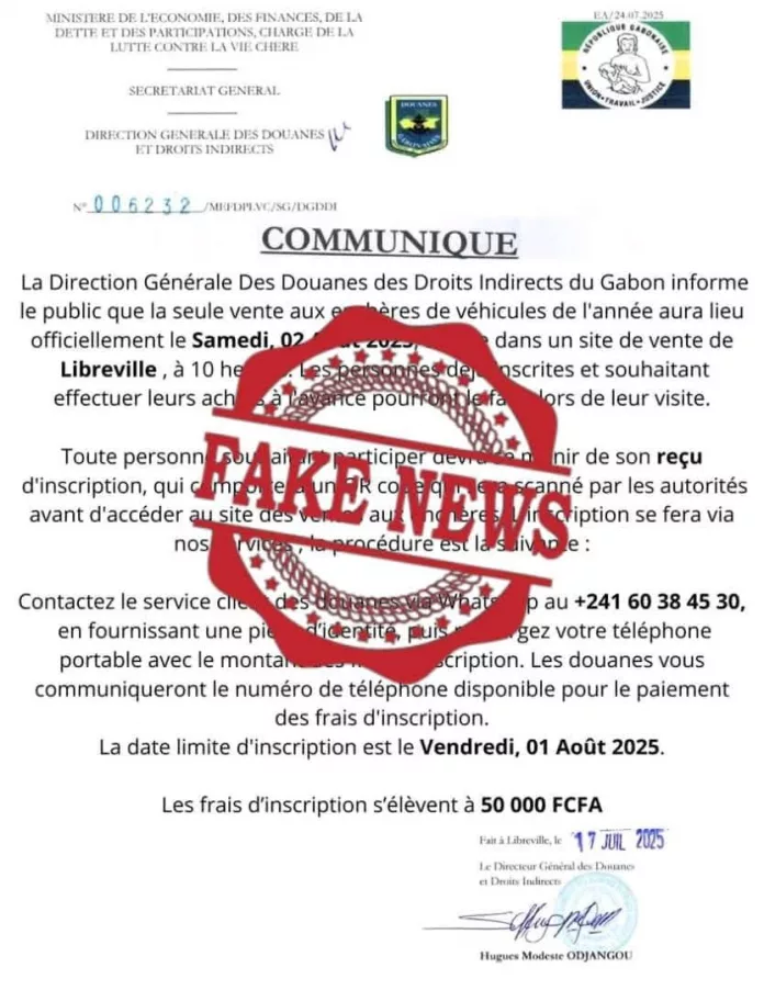 La Douane gabonaise alerte l’opinion publique sur une vaste opération d’escroquerie en cours.