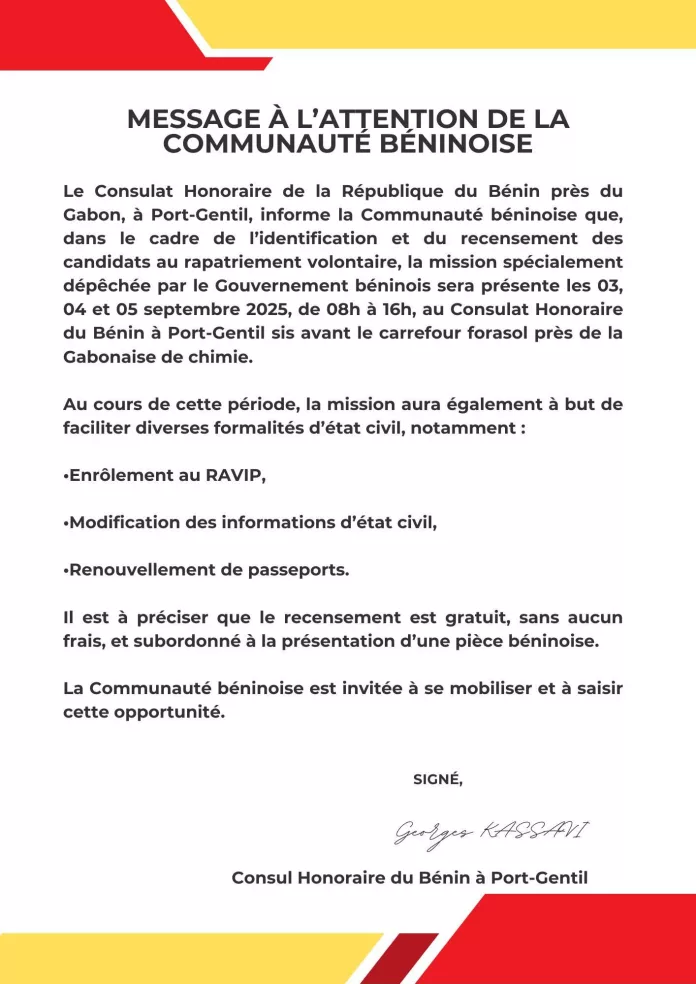 Le communiqué du Consulat Honoraire du Bénin à Port-Gentil sur le recensement en vue du rapatriement volontaire et de la régularisation de la communauté béninoise.