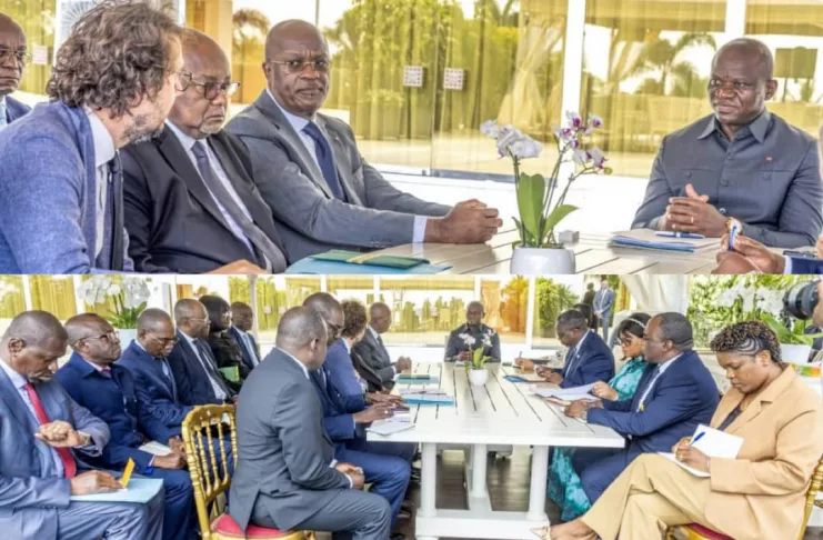 Le président Oligui Nguema, entouré des ministres de la Justice et de la Communication, s'entretient avec la délégation de RSF et des patrons de presse.