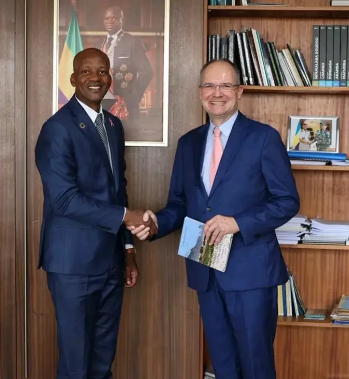Maurice Ntossui Allogo et Olivier Delefosse, tout sourire, lors de l’audience consacrée au renforcement de la coopération forestière entre le Gabon et l’AFD.