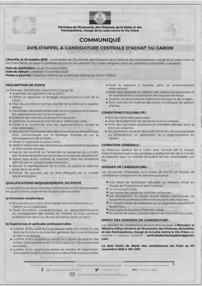 Le communiqué du ministère de l’économie lançant un appel à candidatures pour la direction générale de la Centrale d’Achat du Gabon, dans le cadre de la lutte contre la vie chère.