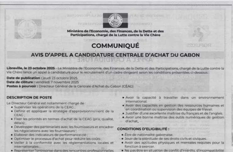 Le communiqué du ministère de l’économie lançant un appel à candidatures pour la direction générale de la Centrale d’Achat du Gabon, dans le cadre de la lutte contre la vie chère.