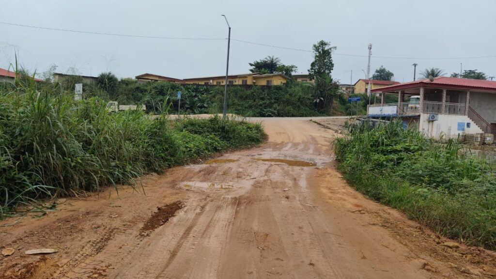 GABON : Ndjolé croule sous le poids de l’insalubrité 3 Photo de la route en terre , au milieu de hautes herbes et défoncée par les nids-de-poule et les flaques d'eau stagnante.