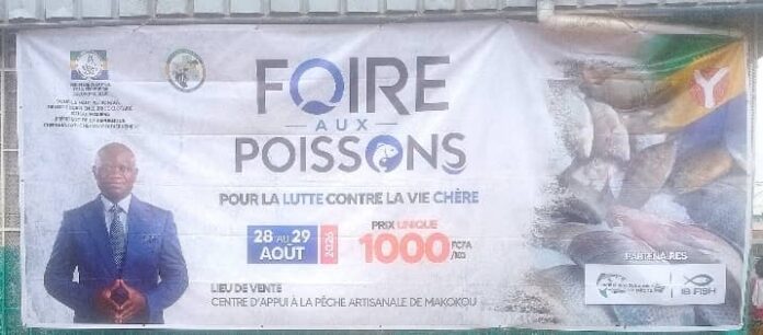 Affiche annonçant la Foire aux poissons du 28 au 29 août 2026 à Makokou, avec un prix unique de 1000 FCFA/kg pour lutter contre la vie chère.