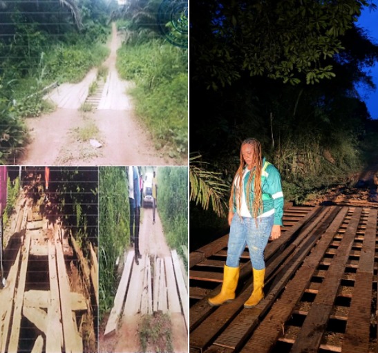 À gauche : l’état des ponts du canton Kess avant les travaux. Des ouvrages en bois fortement dégradés, des planches manquantes et une végétation envahissante qui compliquent le passage des populations et des véhicules.