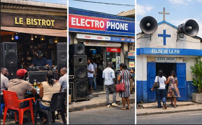 Bars, commerces et lieux de culte : à Libreville, les nuisances sonores se disputent la rue.