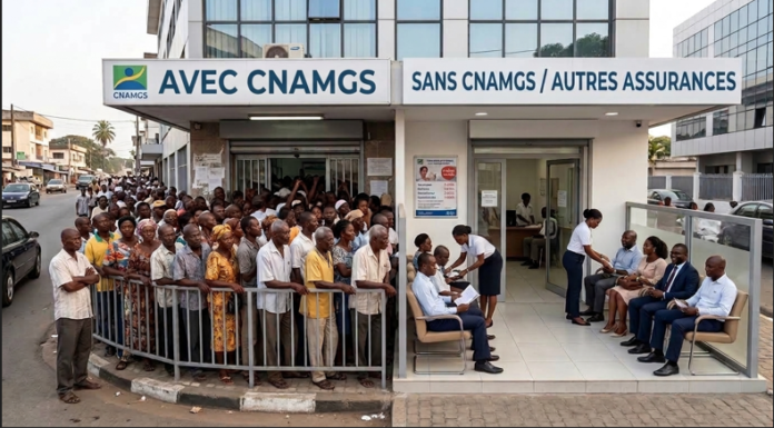 Photo d'illustration. Même pharmacie, deux entrées : les assurés CNAMGS debout et entassés sous le soleil, les autres assis et servis sans attente. Détenir une carte CNAMGS est devenu le symbole de l'humiliation.