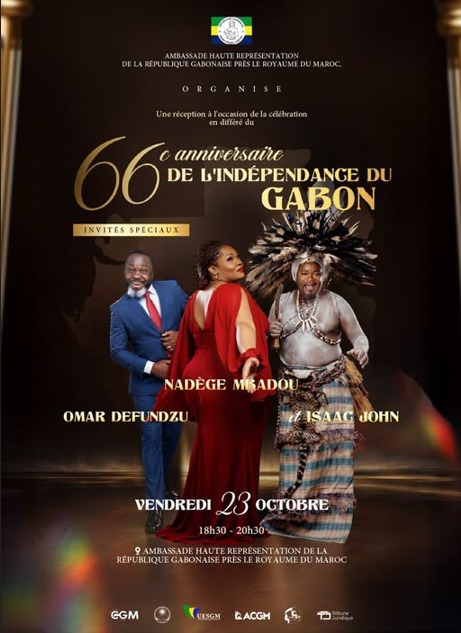 Affiche annonçant la célébration en différé du 66e anniversaire de l'indépendance du Gabon organisée à Casablanca par l'Ambassade et Haute Représentation de la République gabonaise près le Royaume du Maroc.